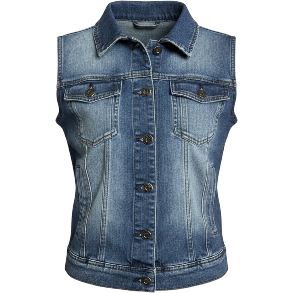 Women's Red Tulips Blue Gilet Denim Vest Button Up Size Medium 100 % Cotton
